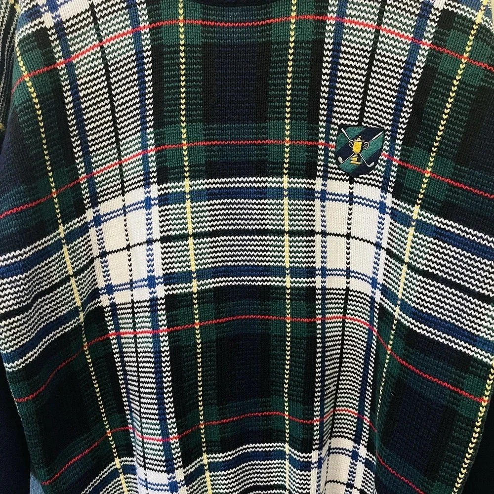 VTG Men's Lord & Taylor Plaid Golf Sweater Cotton‎ Dark Blue Multi Appliqué Sz L